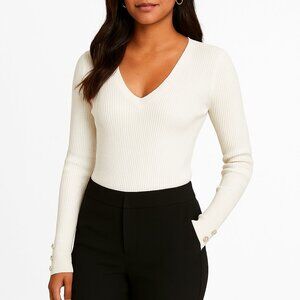 Express Cream Long Sleeve Sweater Rhinestone Cuff Buttons